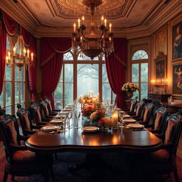 An opulent 1800s inspired dining room designed for royalty, filled with exquisite details that suggest a sense of fantasy romance