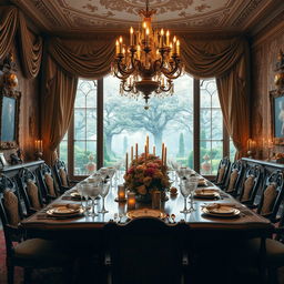 An opulent 1800s inspired dining room designed for royalty, filled with exquisite details that suggest a sense of fantasy romance