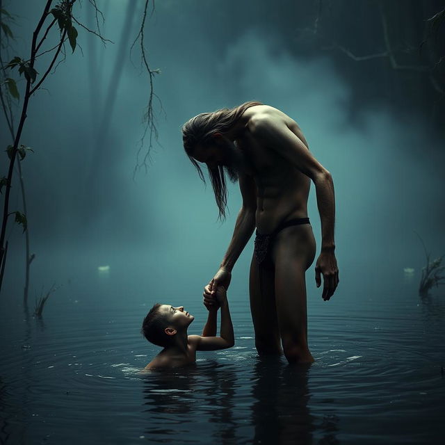 In a haunting swamp scene, a nude, emaciated tall man with long hair and a beard stands majestically