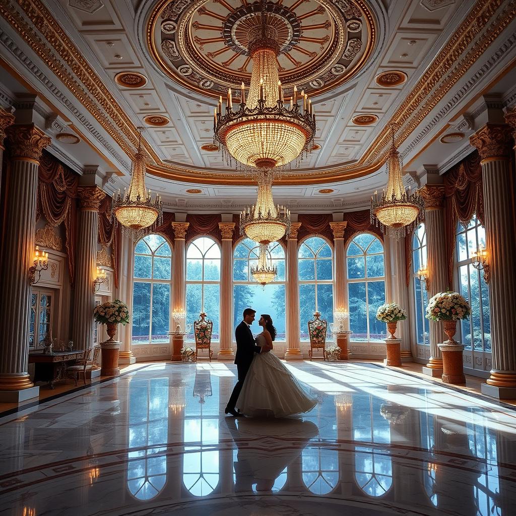 An exquisite ballroom designed for royalty, radiating an enchanting fantasy romance ambiance