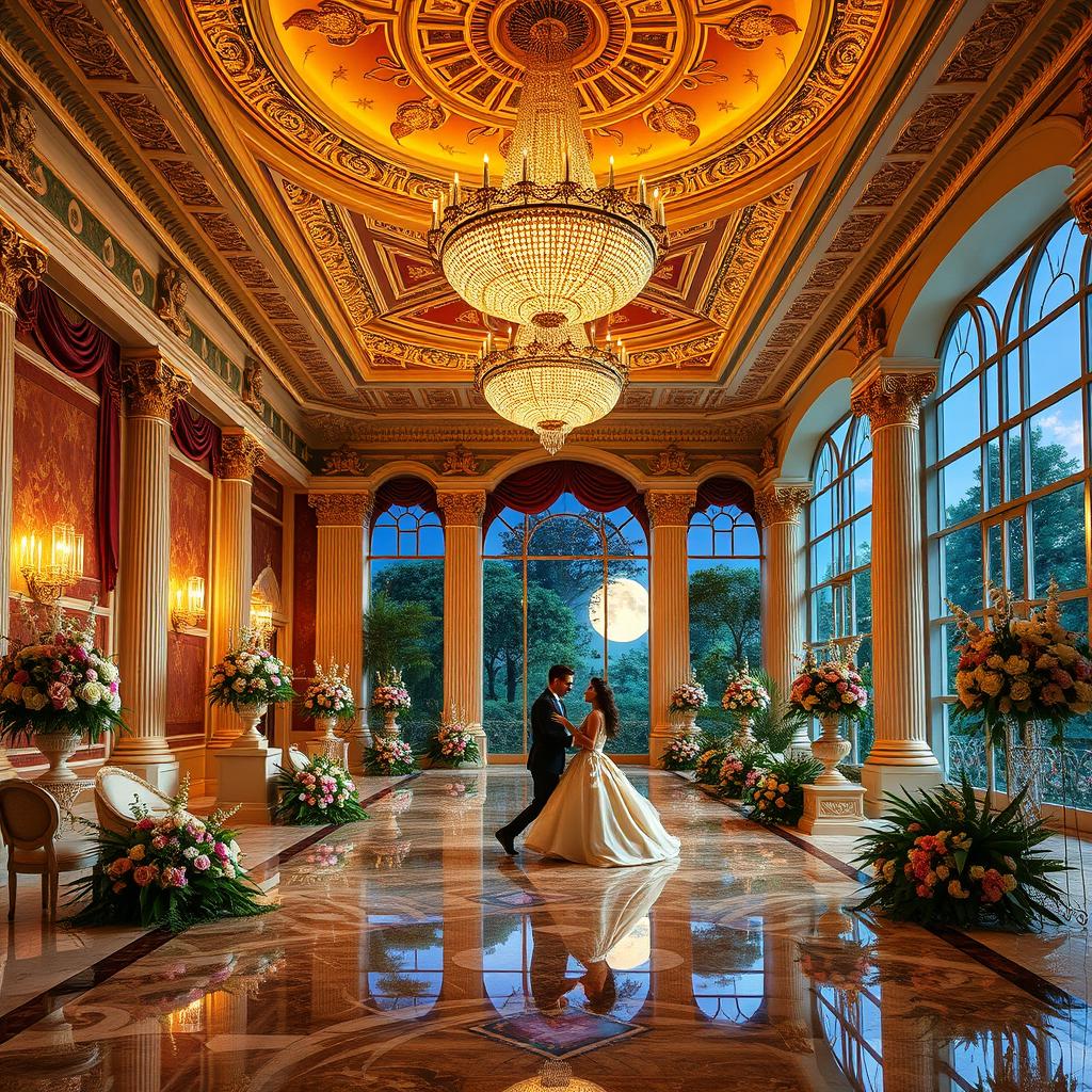 An exquisite ballroom designed for royalty, radiating an enchanting fantasy romance ambiance