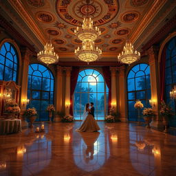 An exquisite ballroom designed for royalty, radiating an enchanting fantasy romance ambiance