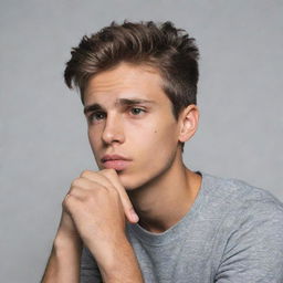 A young man with his hand under his chin in a thoughtful posture, exuding a mix of youth and wisdom.