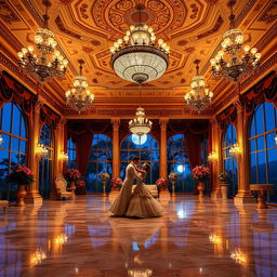 An exquisite ballroom designed for royalty, radiating an enchanting fantasy romance ambiance