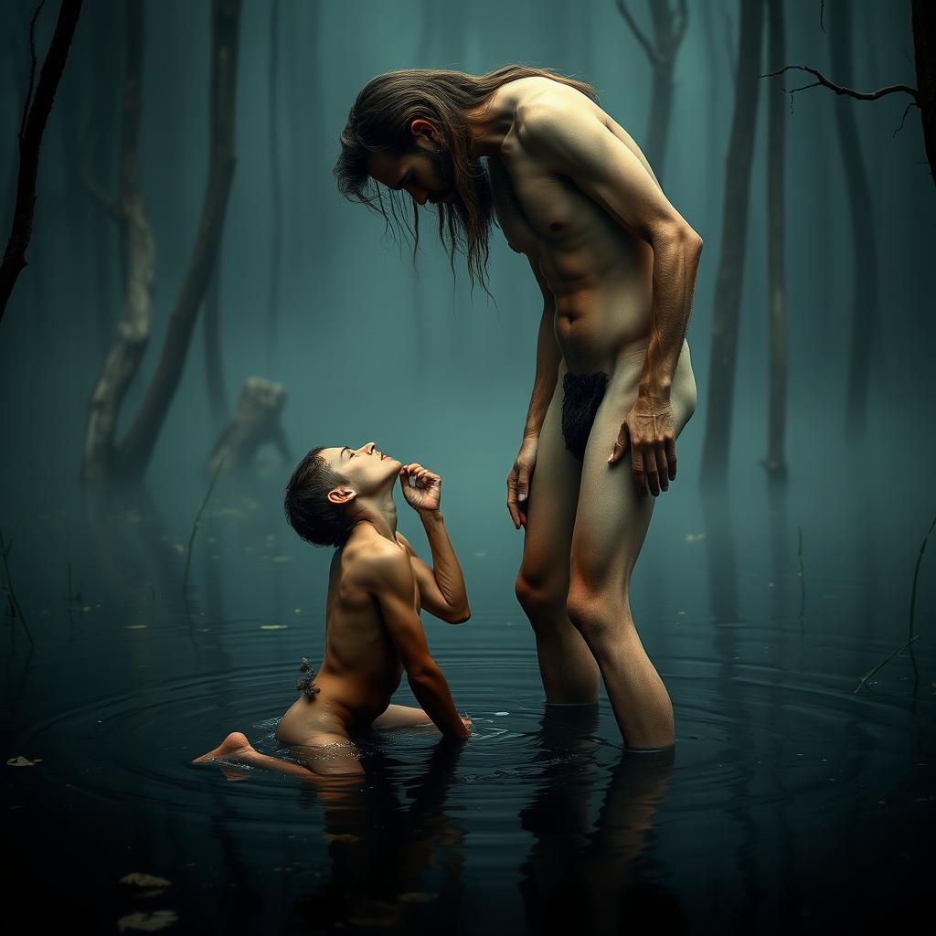 In a mystical swamp scene, a nude, emaciated tall man with long hair and a beard stands elegantly