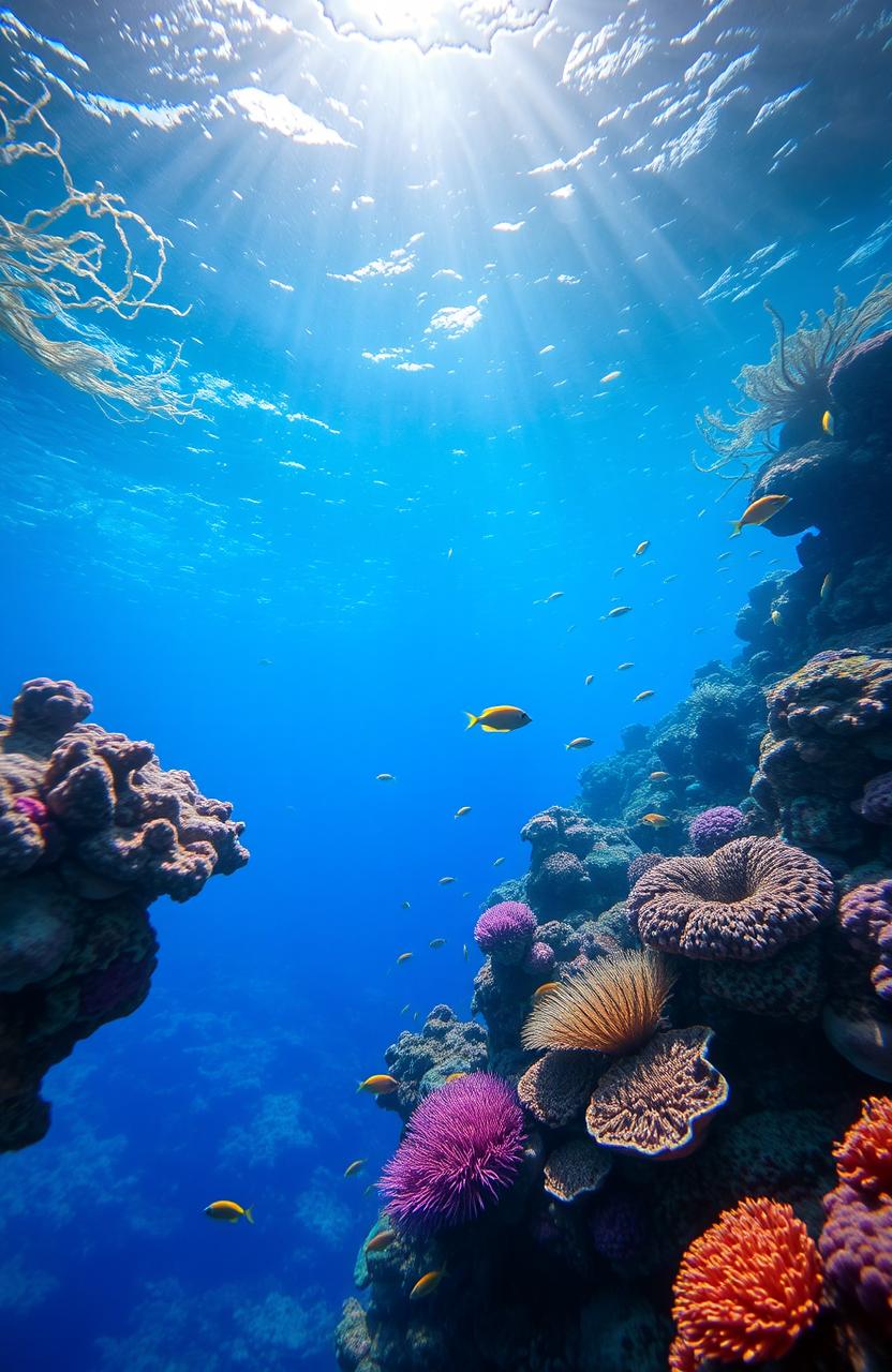 A stunning underwater landscape featuring vibrant coral reefs teeming with colorful tropical fish, shafts of sunlight filtering through the clear blue water, creating a serene and magical atmosphere