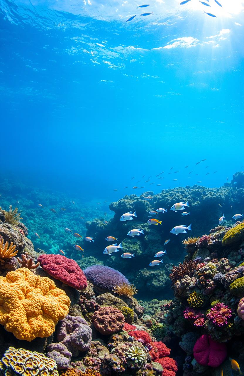 A stunning underwater landscape featuring vibrant coral reefs teeming with colorful tropical fish, shafts of sunlight filtering through the clear blue water, creating a serene and magical atmosphere