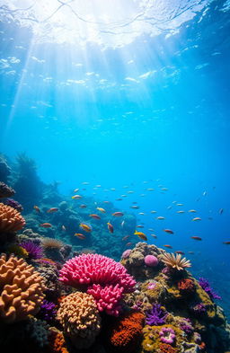 A stunning underwater landscape featuring vibrant coral reefs teeming with colorful tropical fish, shafts of sunlight filtering through the clear blue water, creating a serene and magical atmosphere