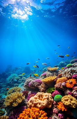 A stunning underwater landscape featuring vibrant coral reefs teeming with colorful tropical fish, shafts of sunlight filtering through the clear blue water, creating a serene and magical atmosphere