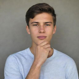 A young man with his hand under his chin in a thoughtful posture, exuding a mix of youth and wisdom.