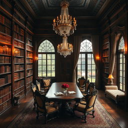 An enchanting royal library that exudes a luxurious and romantic atmosphere