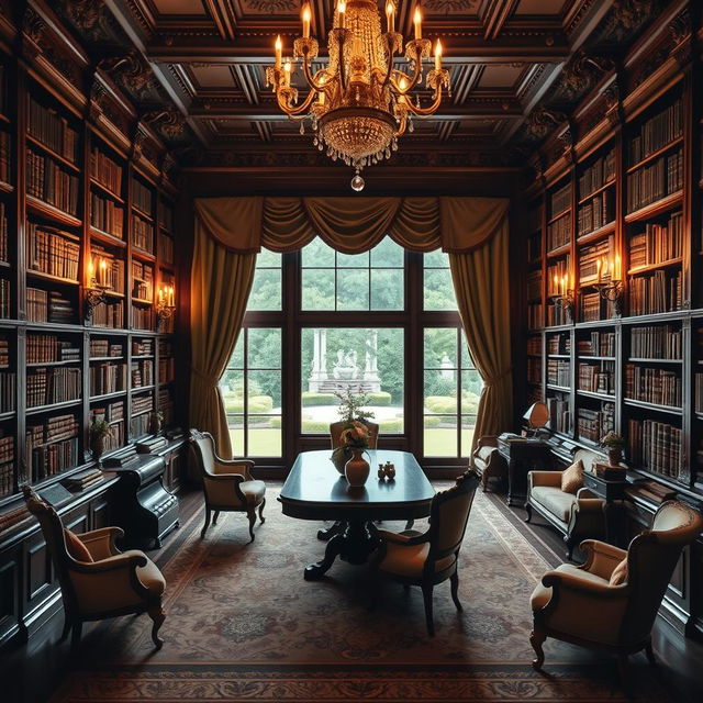 An enchanting royal library that exudes a luxurious and romantic atmosphere