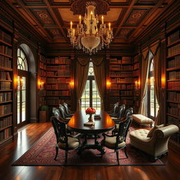 An enchanting royal library that exudes a luxurious and romantic atmosphere