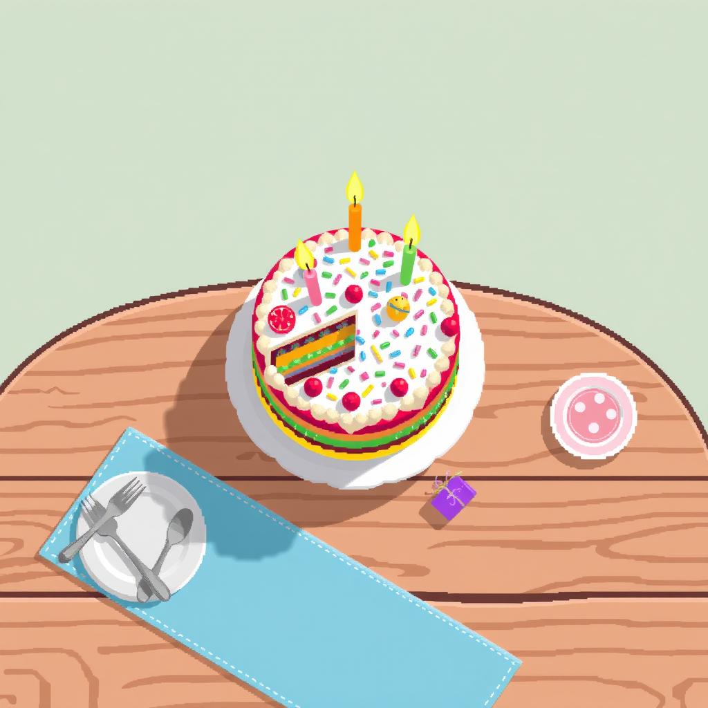 A colorful cake placed on a table in a top-down pixel art style, showcasing its layers and frosting in a vibrant and appealing manner