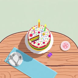 A colorful cake placed on a table in a top-down pixel art style, showcasing its layers and frosting in a vibrant and appealing manner