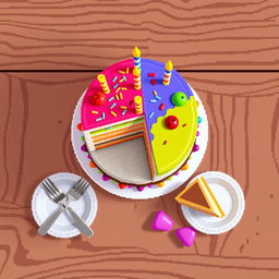 A colorful cake placed on a table in a top-down pixel art style, showcasing its layers and frosting in a vibrant and appealing manner