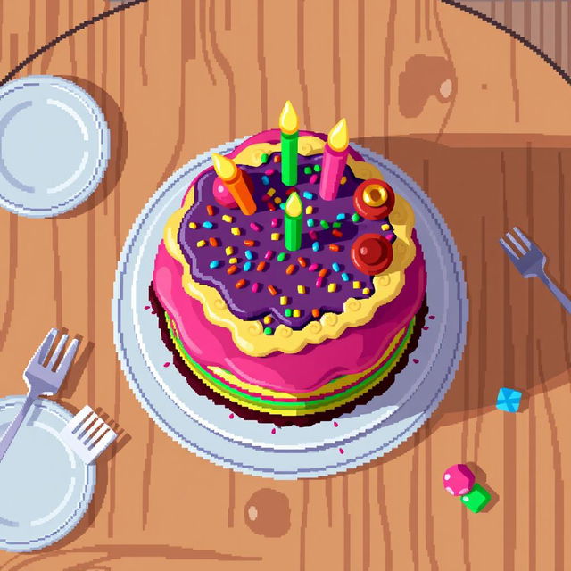 A colorful cake placed on a table in a top-down pixel art style, showcasing its layers and frosting in a vibrant and appealing manner