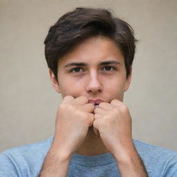 A young man with his hand under his chin in a thoughtful posture, exuding a mix of youth and wisdom.