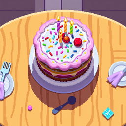 A colorful cake placed on a table in a top-down pixel art style, showcasing its layers and frosting in a vibrant and appealing manner