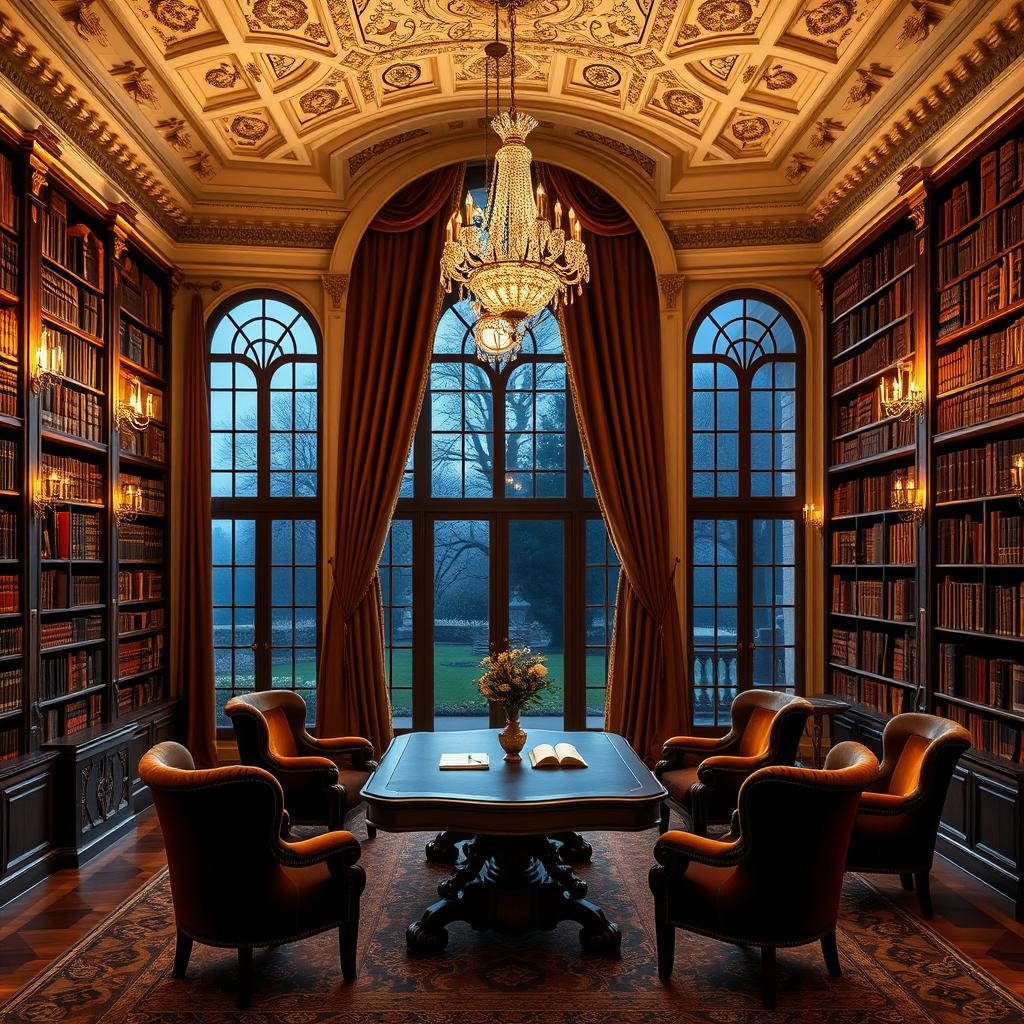 An elegant royal library that embodies a fancy romance feel