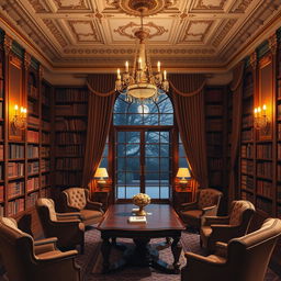 An elegant royal library that embodies a fancy romance feel