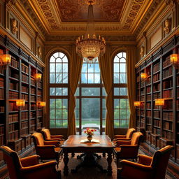 An elegant royal library that embodies a fancy romance feel