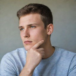 A young man with his hand under his chin in a thoughtful posture, exuding a mix of youth and wisdom.