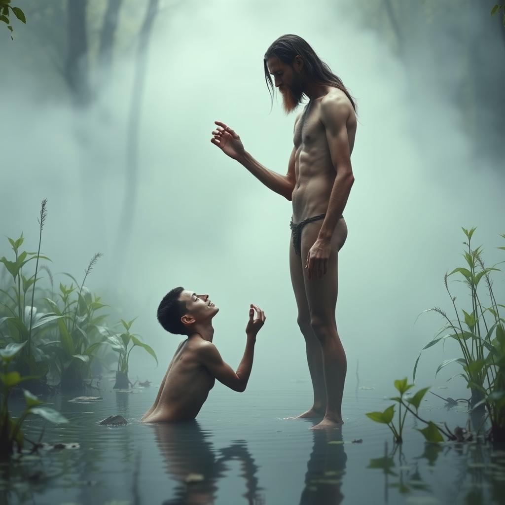 In a captivating swamp setting, a nude, emaciated tall man with long hair and a beard stands above with a commanding presence