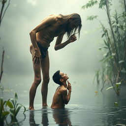 In a captivating swamp setting, a nude, emaciated tall man with long hair and a beard stands above with a commanding presence