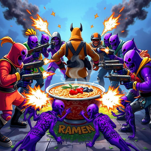 A fierce group of Fortnite characters standing back to the camera, forming a protective circle around a large bowl of steaming ramen