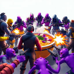 A fierce group of Fortnite characters standing back to the camera, forming a protective circle around a large bowl of steaming ramen