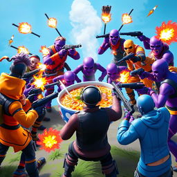 A fierce group of Fortnite characters standing back to the camera, forming a protective circle around a large bowl of steaming ramen