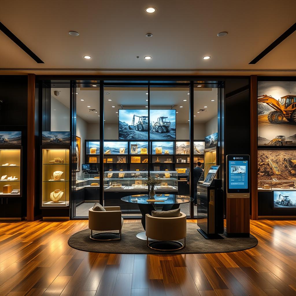 A sophisticated and contemporary store design for a franchise specializing in selling gold, mining stocks, and heavy machinery