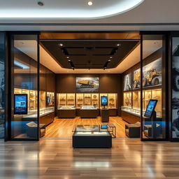 A sophisticated and contemporary store design for a franchise specializing in selling gold, mining stocks, and heavy machinery