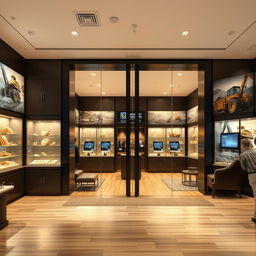 A sophisticated and contemporary store design for a franchise specializing in selling gold, mining stocks, and heavy machinery