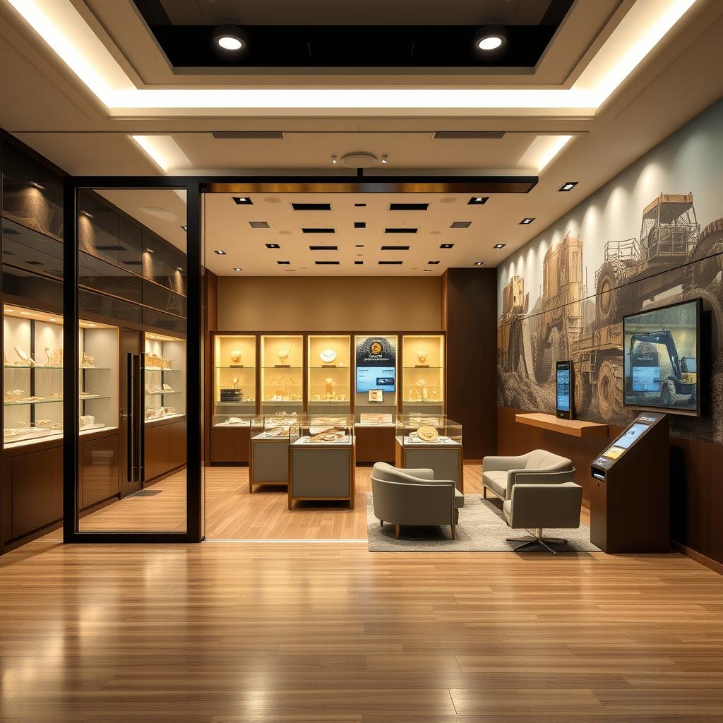 A sophisticated and contemporary store design for a franchise specializing in selling gold, mining stocks, and heavy machinery