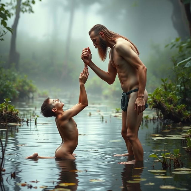 In a mystical swamp setting, on the right stands a nude, emaciated tall man with long hair and a beard, showcasing a masculine yet thin physique defined by a tiny waist and prominent obliques