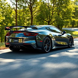 A sleek modern sports car featuring a stylish design with carbon fiber accents on some parts of the body, including the hood and side panels