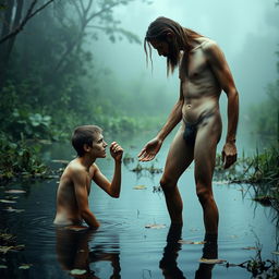 In a hauntingly beautiful swamp setting, on the right stands a naked, emaciated tall man with long hair and a beard, showcasing a masculine yet thin physique defined by a tiny waist and prominent obliques