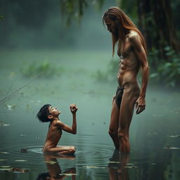 In a hauntingly beautiful swamp setting, on the right stands a naked, emaciated tall man with long hair and a beard, showcasing a masculine yet thin physique defined by a tiny waist and prominent obliques