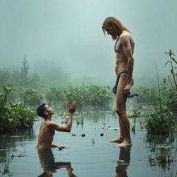 In a hauntingly beautiful swamp setting, on the right stands a naked, emaciated tall man with long hair and a beard, showcasing a masculine yet thin physique defined by a tiny waist and prominent obliques