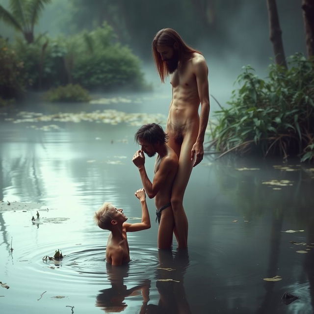 In a hauntingly beautiful swamp setting, on the right stands a naked, emaciated tall man with long hair and a beard, showcasing a masculine yet thin physique defined by a tiny waist and prominent obliques