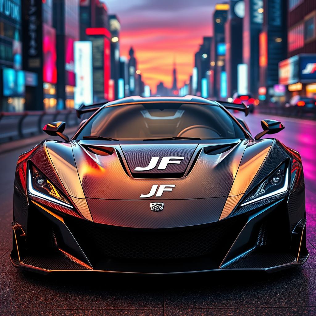 A stunning carbon fiber sports car with a sleek and aerodynamic design, prominently featuring a unique 'JF' logo centered on the grille