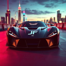 A stunning carbon fiber sports car with a sleek and aerodynamic design, prominently featuring a unique 'JF' logo centered on the grille