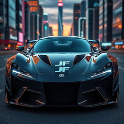 A stunning carbon fiber sports car with a sleek and aerodynamic design, prominently featuring a unique 'JF' logo centered on the grille