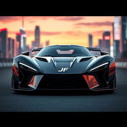 A stunning carbon fiber sports car with a sleek and aerodynamic design, prominently featuring a unique 'JF' logo centered on the grille