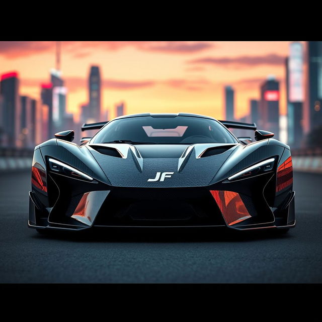 A stunning carbon fiber sports car with a sleek and aerodynamic design, prominently featuring a unique 'JF' logo centered on the grille