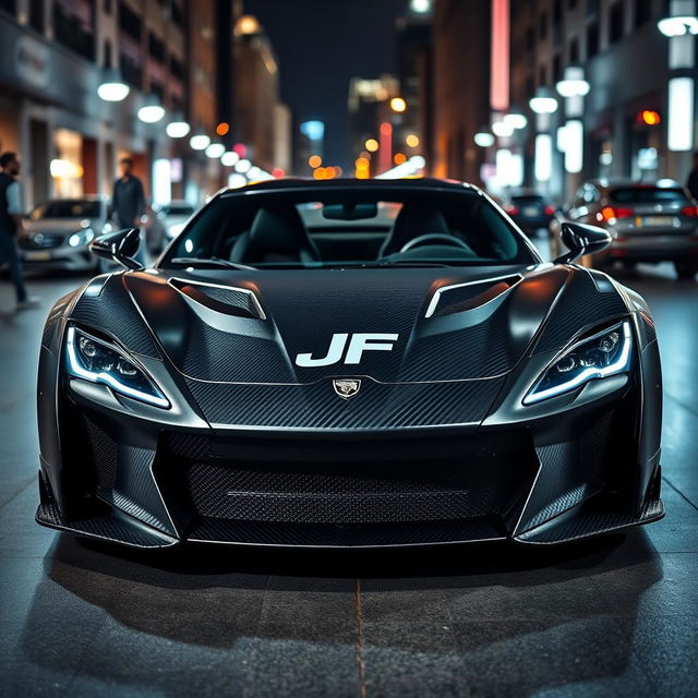 A striking carbon fiber sports car featuring the 'JF' logo prominently displayed in the center of its aggressive front grille