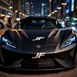 A striking carbon fiber sports car featuring the 'JF' logo prominently displayed in the center of its aggressive front grille