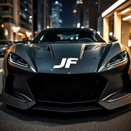 A striking carbon fiber sports car featuring the 'JF' logo prominently displayed in the center of its aggressive front grille